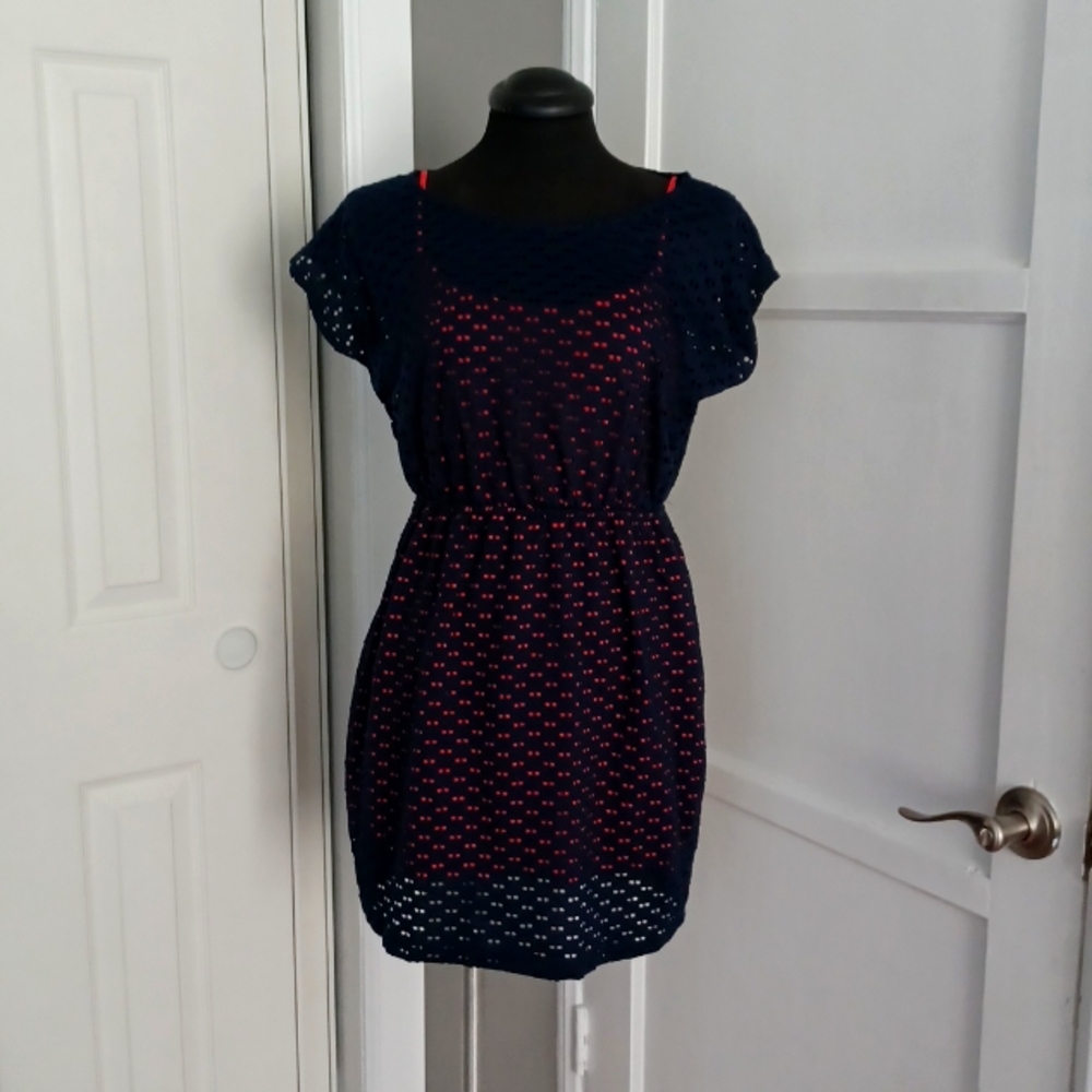 Soprano two tone navy blue and orange eyelet dress